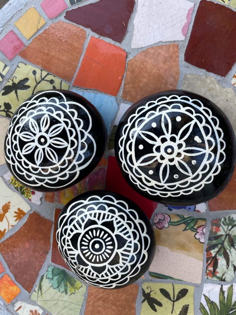 Set of 3 hand painted mandala design stones- for garden, meditation space, decor